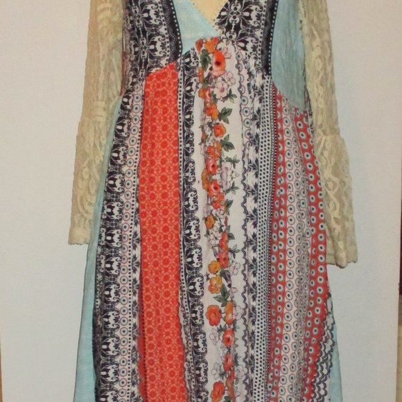 Patchwork Dress Lightweight Multicolor Off White Ivory Lace Sleeves S Hippee - Picture 12 of 12